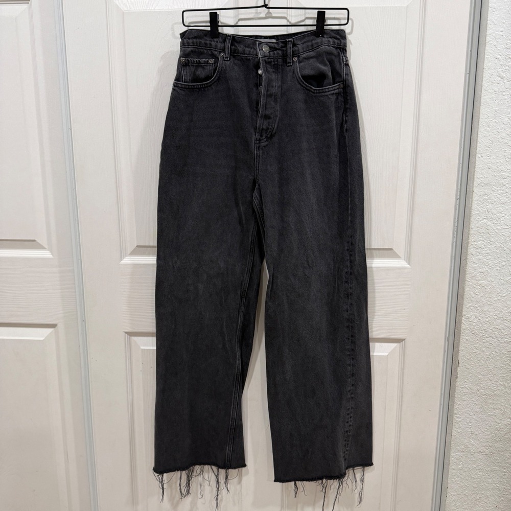 Boyish High Waisted Wide Leg Jeans Faded Black Raw Hem Button Fly Sz 27